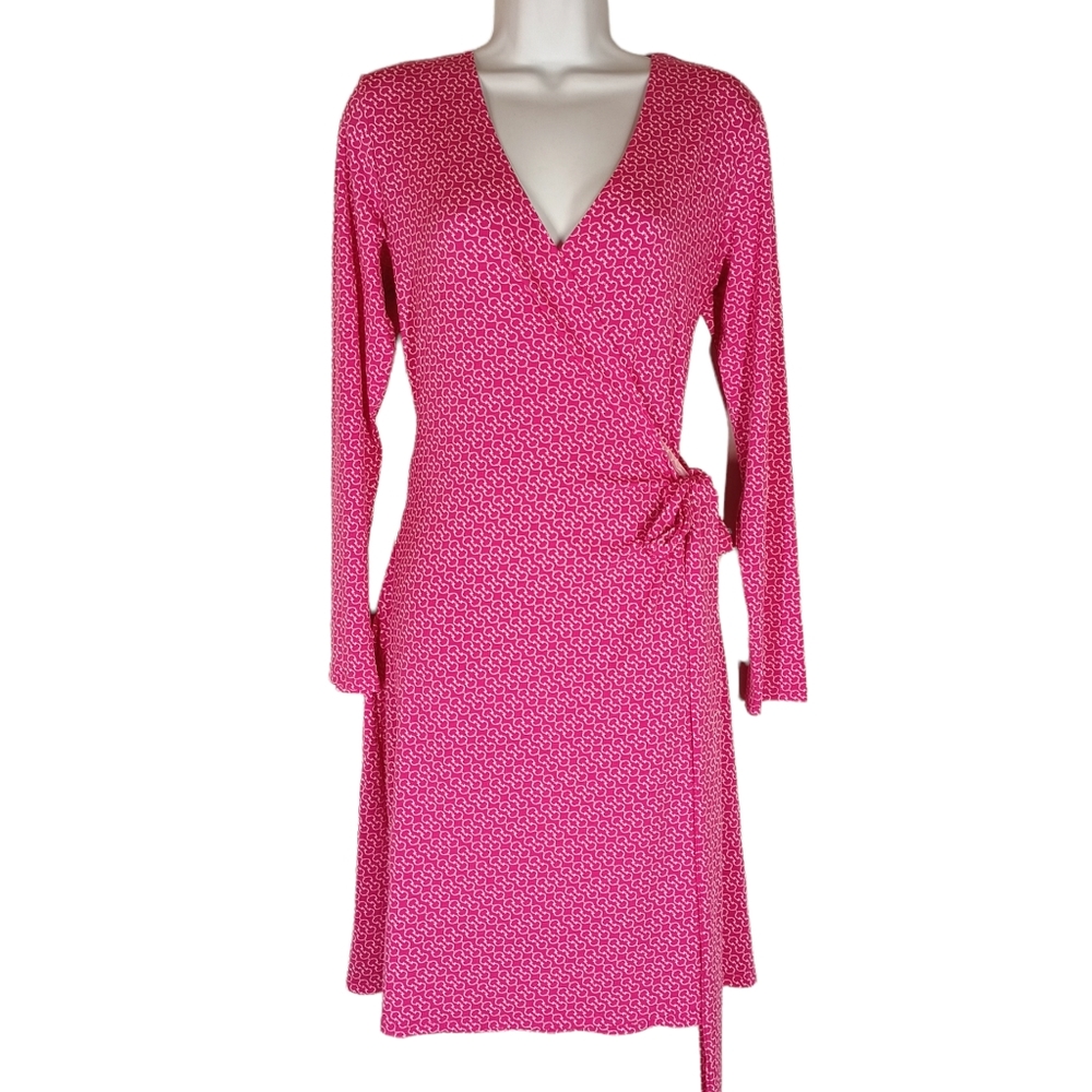 C WONDER Pink White Print V Neck Long Sleeve Wrap Dress Small